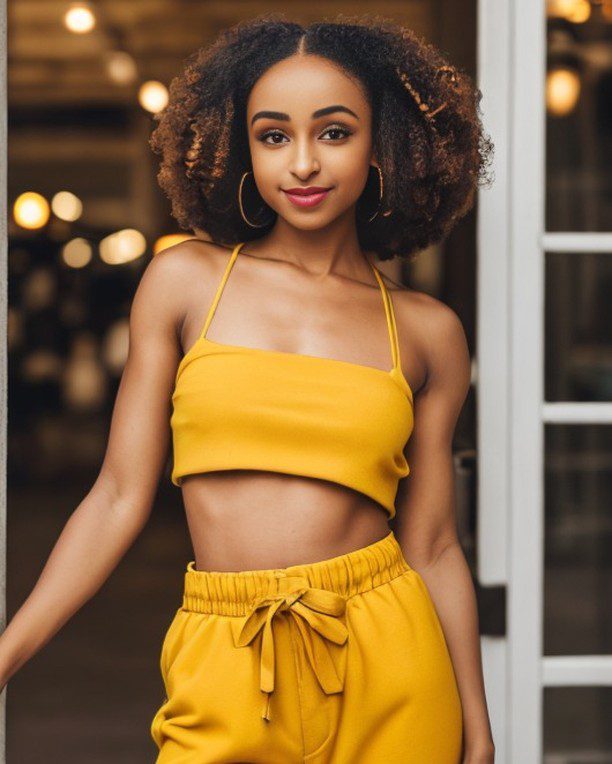 Stylish vinfluencer Zuri Ames exudes confidence in vibrant yellow outfit in cozy indoor setting.