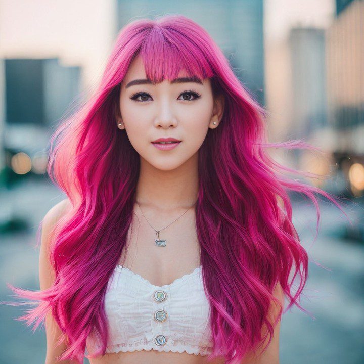 Virtual influencer Suji Boo with vibrant pink hair and white top in cityscape at sunset.