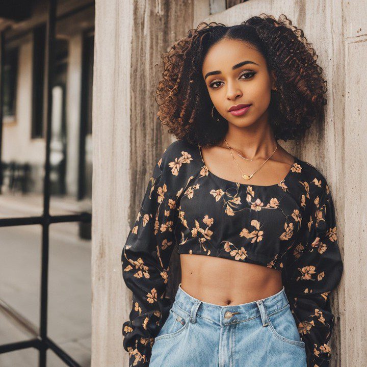 Stylish young Vinfluencer Zuri Ames with curly hair posing against wooden column in urban setting.