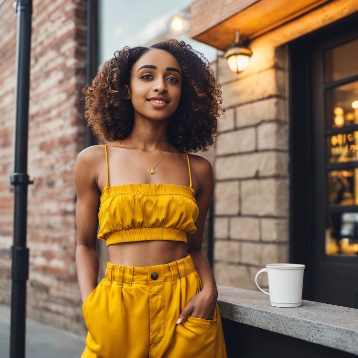 Young Vinfluencer Zuri Ames in stylish yellow outfit at urban café counter with warm lighting.