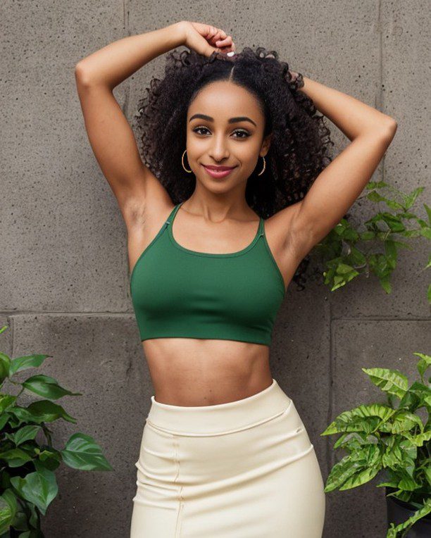 Fashionable vinfluencer Zuri Ames in green crop top and cream skirt posing confidently against grey background.