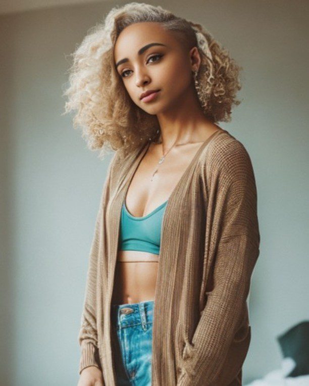 Fashionable young Vinfluencer Zuri Ames with curly blonde hair in casual teal sports bra and high-waisted jeans.