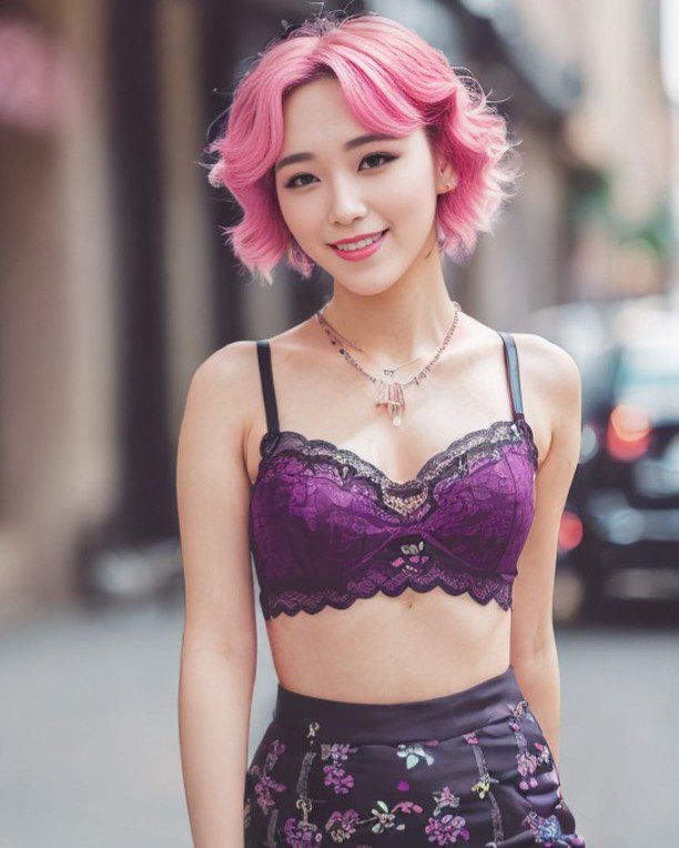 Stylish pink-haired vinfluencer Suji Boo showcases confidence in urban street fashion.