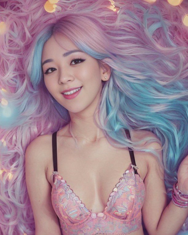 Vinfluencer Suji Boo in pastel hair and lace top radiates whimsy against a soft pink background.