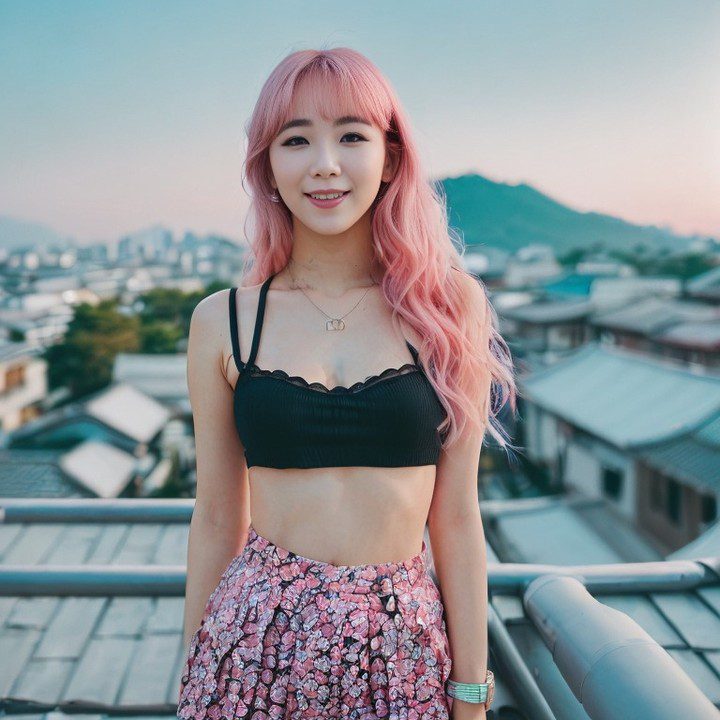 Stylish vinfluencer Suji Boo with pink hair on rooftop overlooking cityscape at sunset.