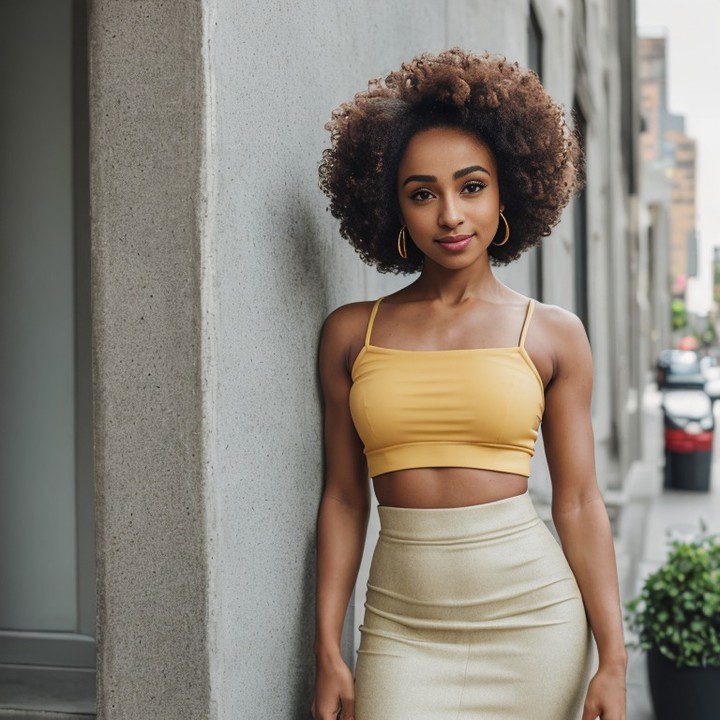 Stylish vinfluencer Zuri Ames in yellow crop top and skirt poses confidently against city concrete wall.