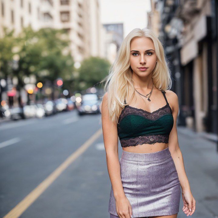 Fashionable vinfluencer Jessie Bee in silver skirt and green top stands on city street.