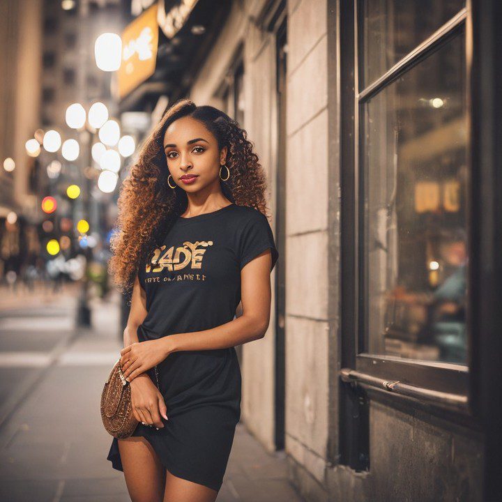 Virtual influencer Zuri Ames in Blade Runner tee on vibrant downtown street at night.