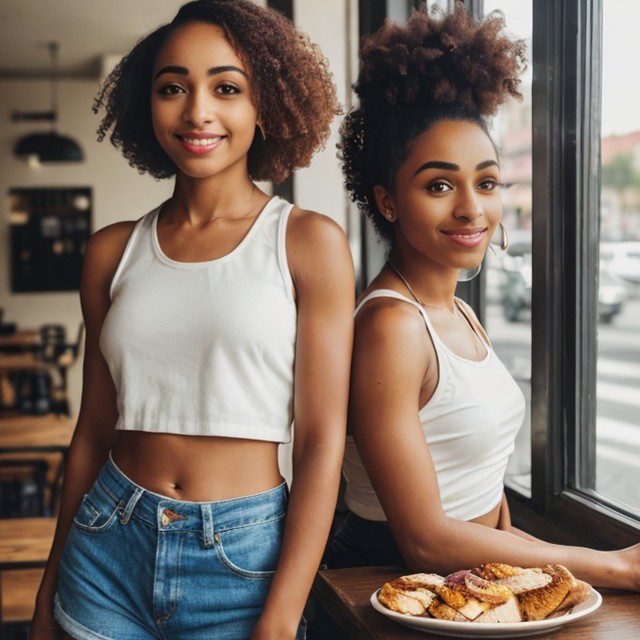 Virtual influencer Zuri Ames and sister delighting in waffles at cozy cafe.