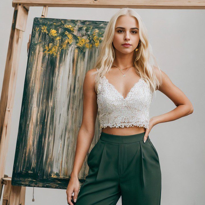 Virtual influencer Jessie Bee exudes style and creativity in a chic art studio setting.