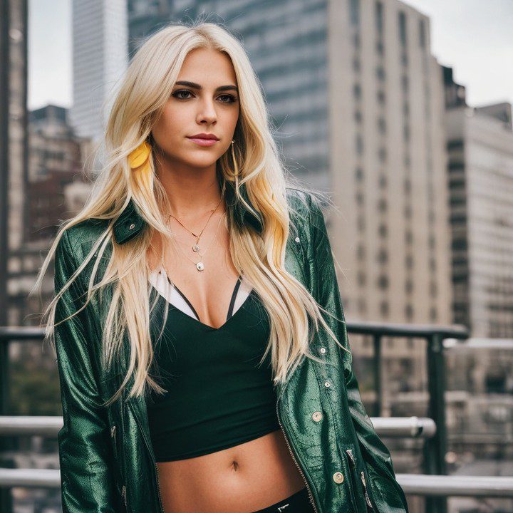 Virtual influencer Jessie Bee in green leather jacket contemplates on a city bridge, blending with urban backdrop.