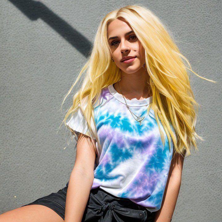 Virtual influencer Jessie Bee in vibrant tie-dye T-shirt and shorts, posing by a gray concrete wall.