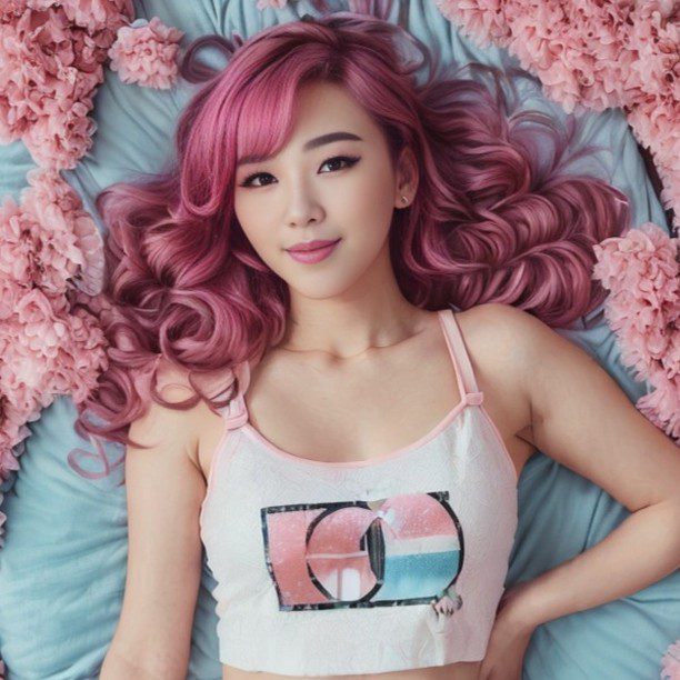 Virtual influencer Suji Boo with vibrant pink hair in a serene, pastel floral setting.