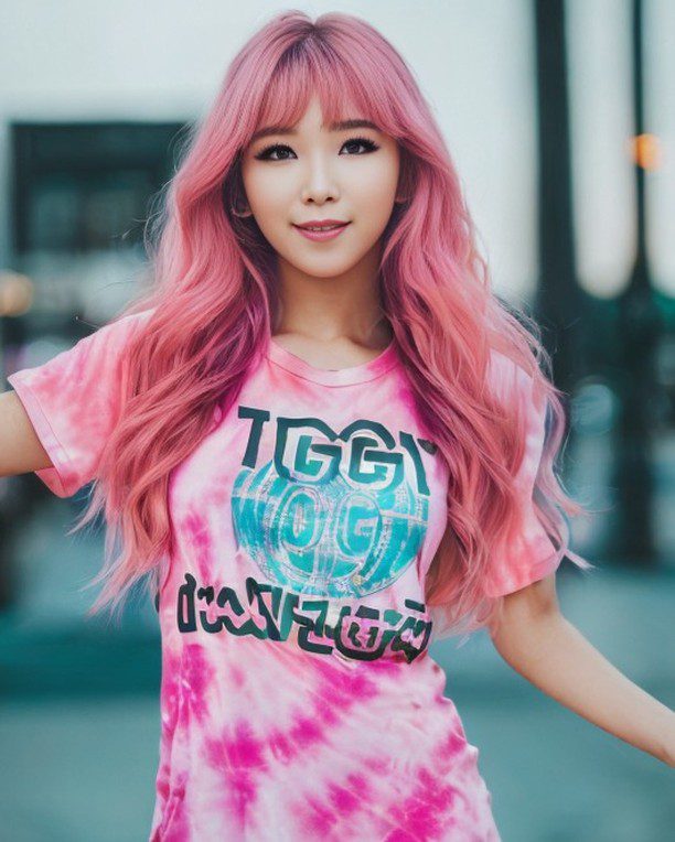 Vinfluencer Suji Boo with pink hair in trendy tie-dye smiles in an urban evening setting.