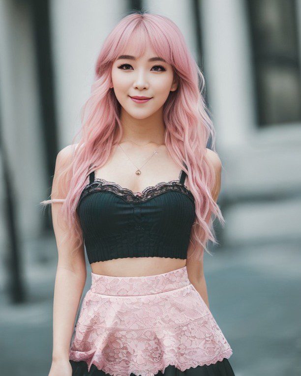 Vinfluencer Suji Boo in elegant urban style with pink hair and chic black lace attire.