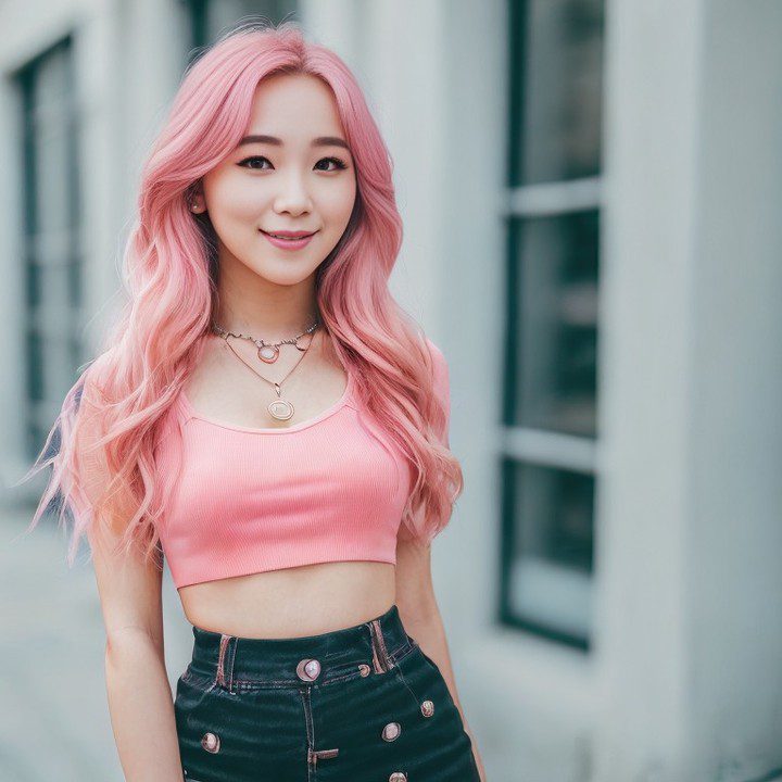 Virtual influencer Suji Boo, trendy vinfluencer with pink hair, poses in chic outfit in urban setting.