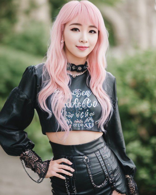 Suji Boo, pink-haired vinfluencer, in gothic attire, stylishly contrasts with serene park setting.