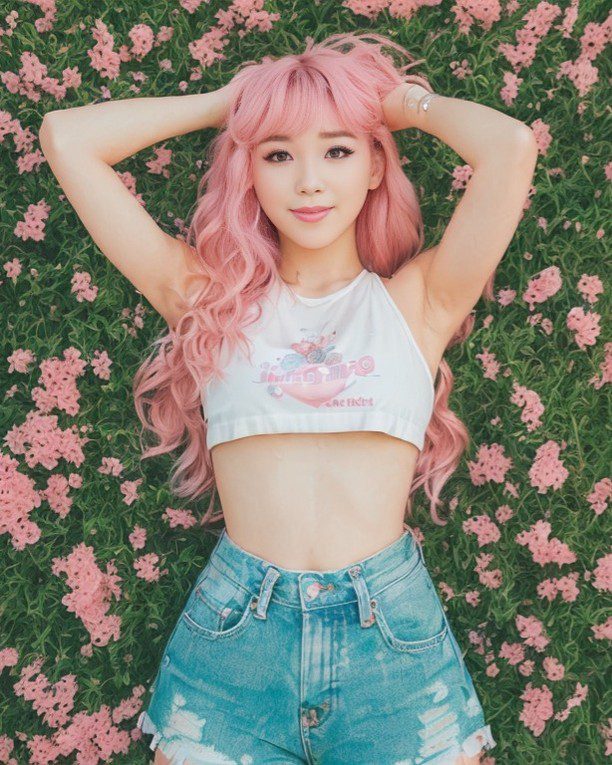 Virtual influencer Suji Boo relaxes in a flower-filled meadow, vibrant pink hair complementing the spring scene.