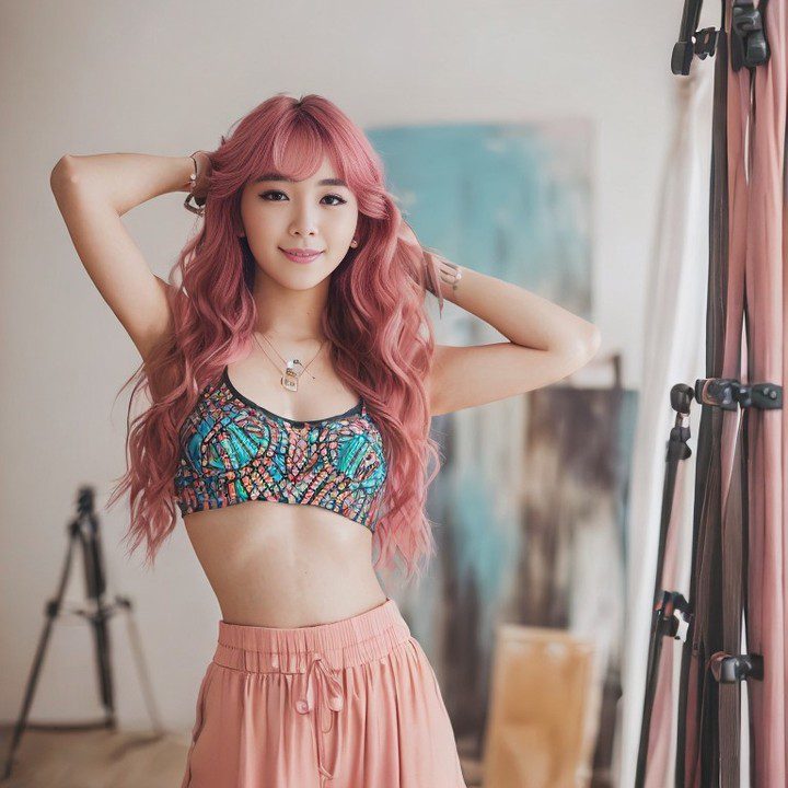 Vinfluencer Suji Boo poses in a sunlit studio, vibrant pink hair accentuating an artistic backdrop.