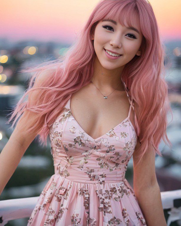 Virtual influencer Suji Boo in floral dress on balcony enjoys serene city sunset.