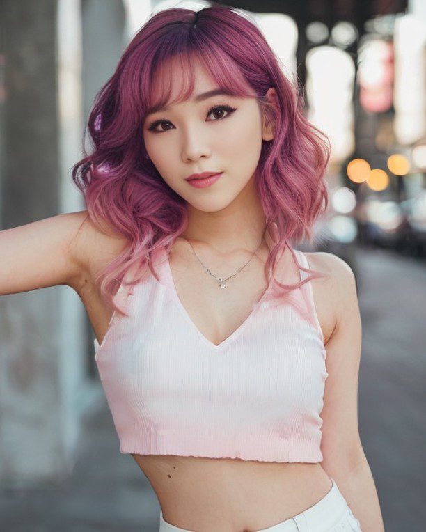 Virtual influencer Suji Boo in pink v-neck top and colorful hair, exuding style in an urban setting.