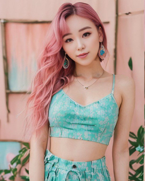 Virtual influencer Suji Boo in pastel pink hair and watercolor summer outfit against a natural, urban backdrop.