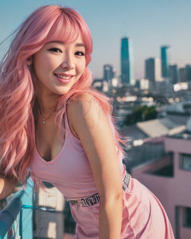 Virtual influencer Suji Boo in pink outfit and vibrant hair on sunny city rooftop.