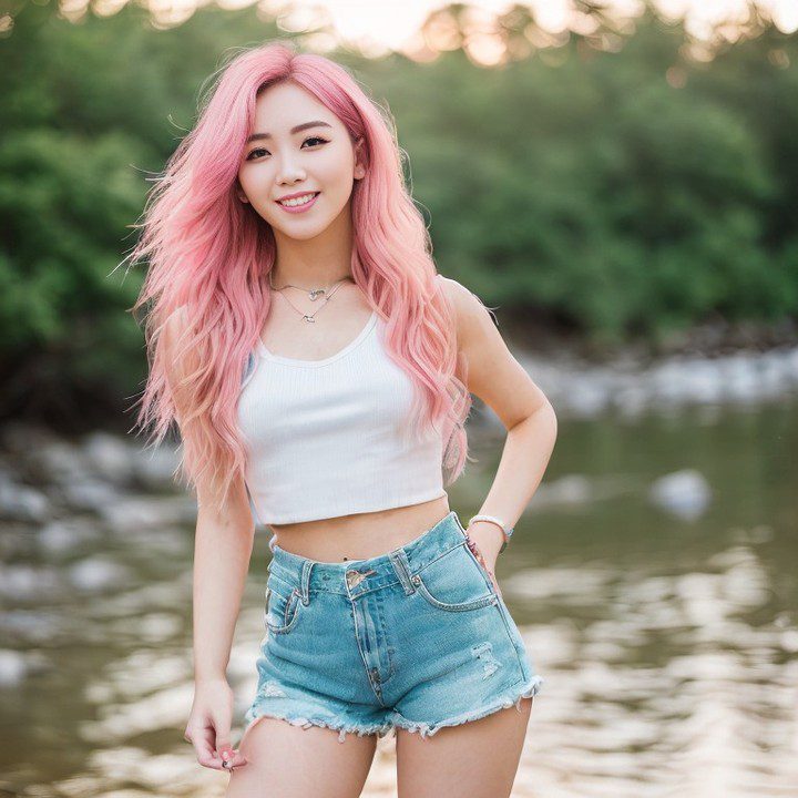 Virtual influencer Suji Boo smiles in nature, her pink hair vibrant against a serene, sunlit backdrop.