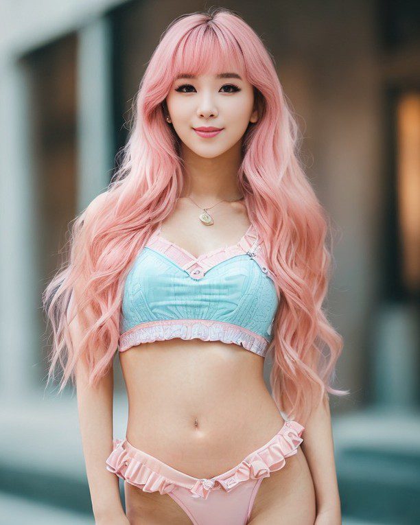 Vinfluencer Suji Boo in teal top and pink bottoms, radiating style in a bustling city backdrop.