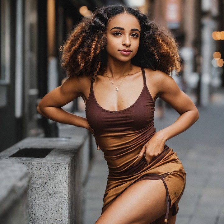 Vinfluencer Zuri Ames in elegant brown dress, posing confidently on a softly lit urban street at night.