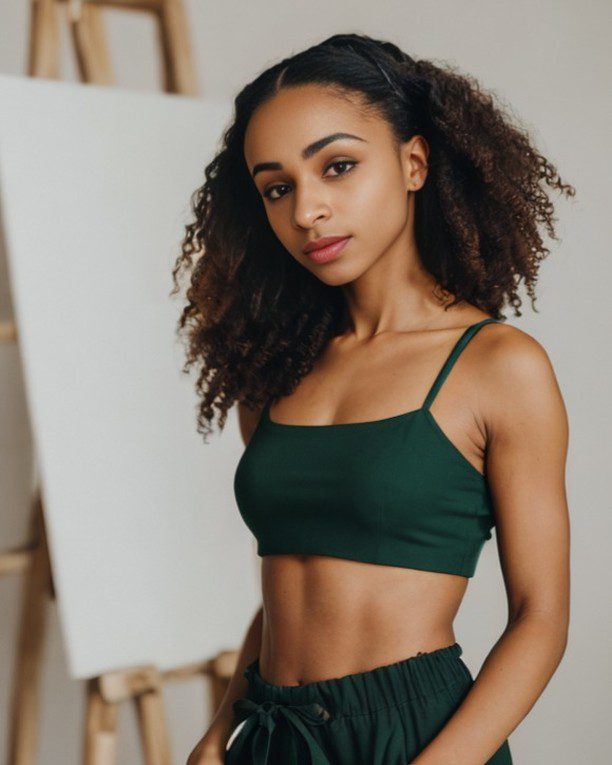 Virtual influencer Zuri Ames in green, poised before an easel, exudes calm elegance in a softly lit studio.