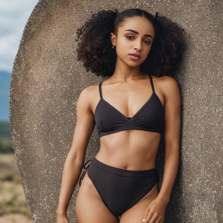 Vinfluencer Zuri Ames in stylish black bikini poses on boulder, under soft overcast light.