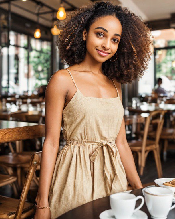 Virtual influencer Zuri Ames smiles warmly during a chic coffee break at a well-lit café.