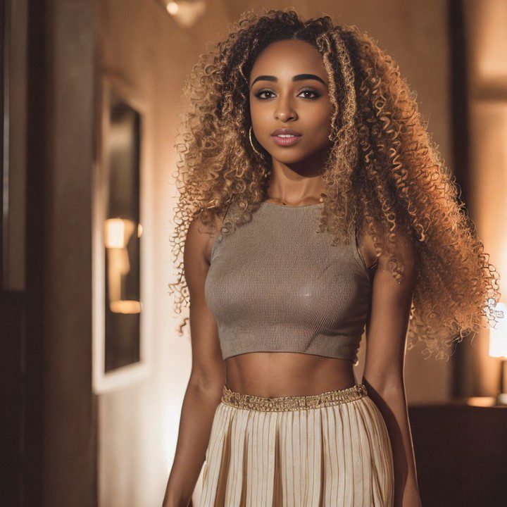 Vinfluencer Zuri Ames exudes elegance in a chic beige cropped top and skirt, highlighted by ambient lighting.