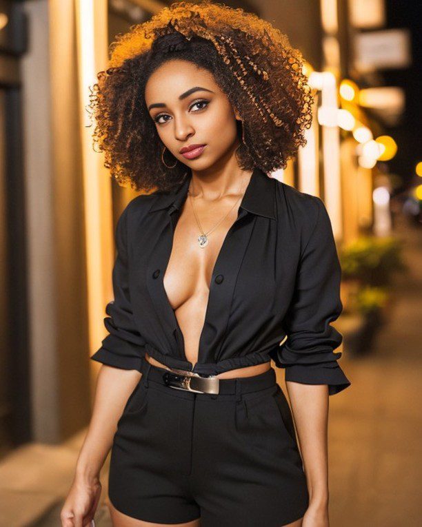 Vinfluencer Zuri Ames poses in chic nightlife attire on an illuminated city street at night.