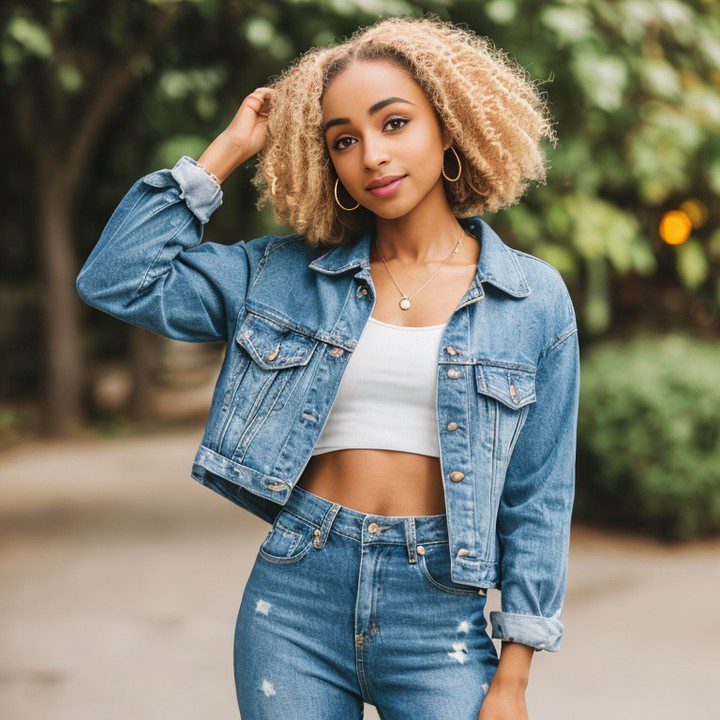 Virtual influencer Zuri Ames in chic denim, playfully posing outdoors with curly blonde hair and soft green backdrop.