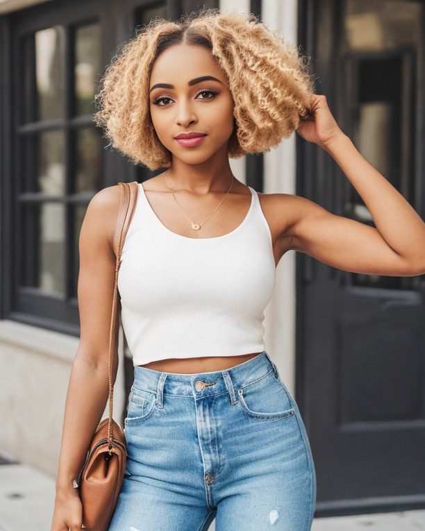 Virtual influencer Zuri Ames in chic streetwear, white top and jeans, adjusting hair on urban street.