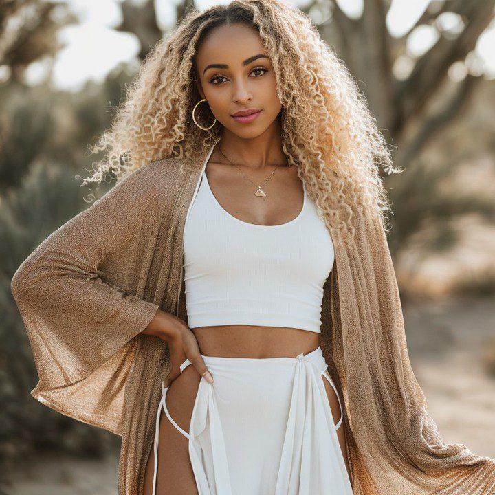 Vinfluencer Zuri Ames in chic white attire, confidently posing in a serene desert at golden hour.