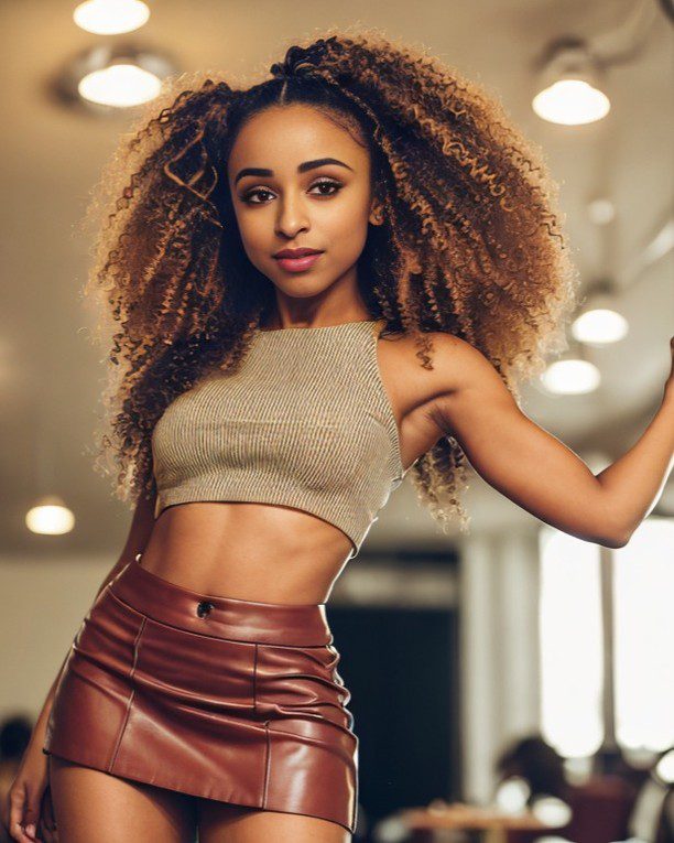 Vinfluencer Zuri Ames in beige top and burgundy skirt, posing confidently in a stylish indoor cafe.