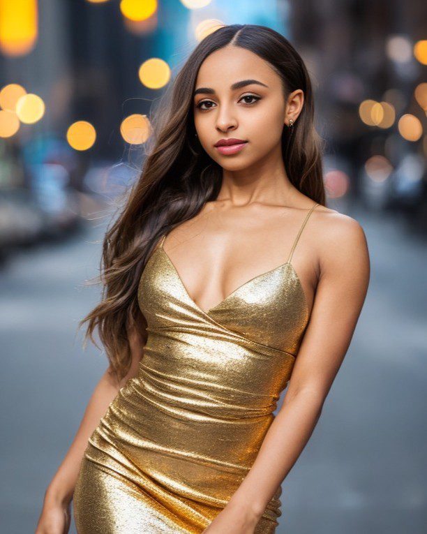 Vinfluencer Zuri Ames in gold dress shines against blurred evening city lights.