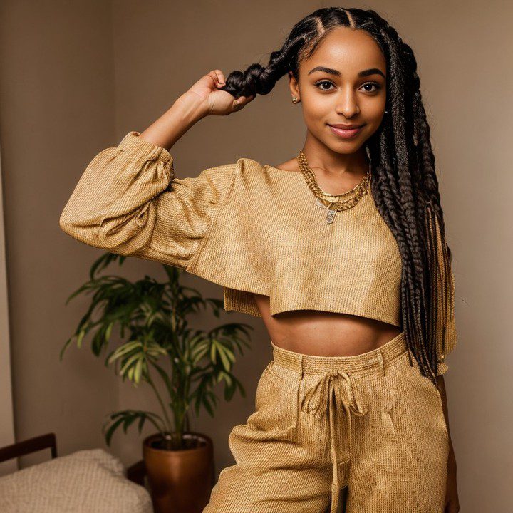 Vinfluencer Zuri Ames in gold attire and styled braids poses in a cozy, plant-filled indoor setting.