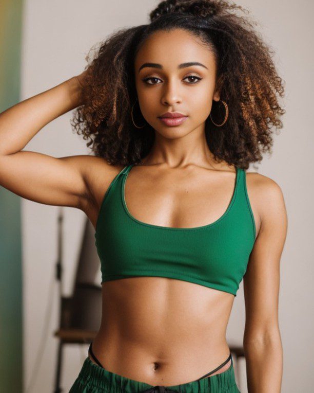 Vinfluencer Zuri Ames in green activewear, confidently posing with elegant curls in a softly lit room.