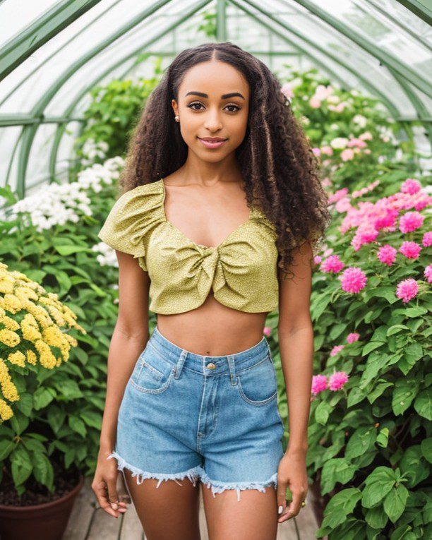 Virtual influencer Zuri Ames in stylish summer wear amidst a colorful greenhouse garden.