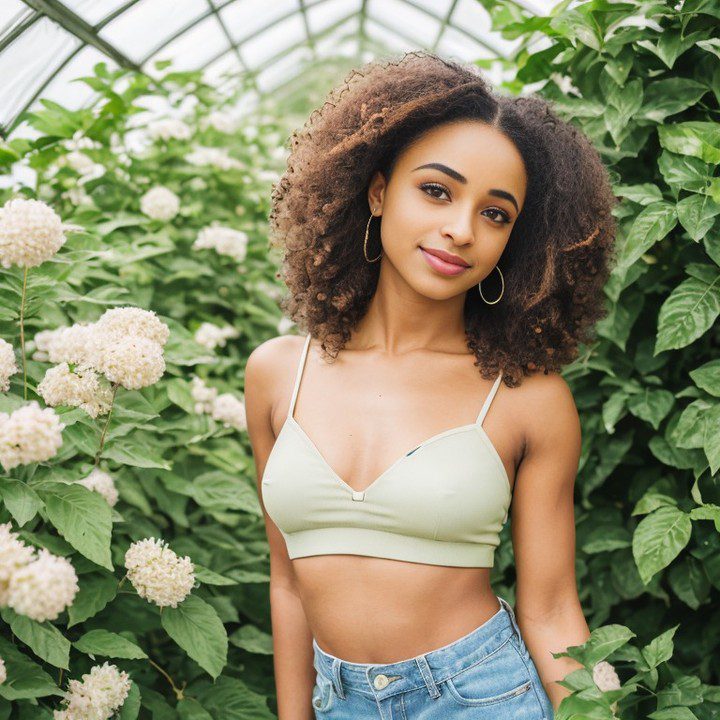 Virtual influencer Zuri Ames in casual summer attire, smiles amidst lush hydrangeas in a sunlit greenhouse.