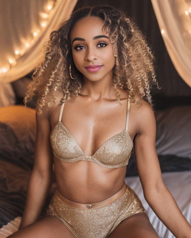 Vinfluencer Zuri Ames in golden lingerie, serene in a cozy, softly-lit bedroom with canopy and lights.