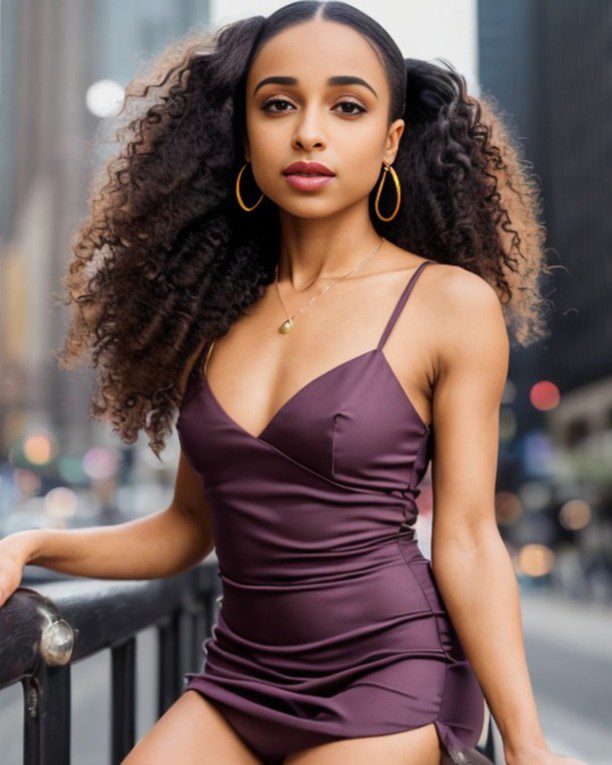 Virtual influencer Zuri Ames in elegant maroon dress poses confidently on a bustling city street.