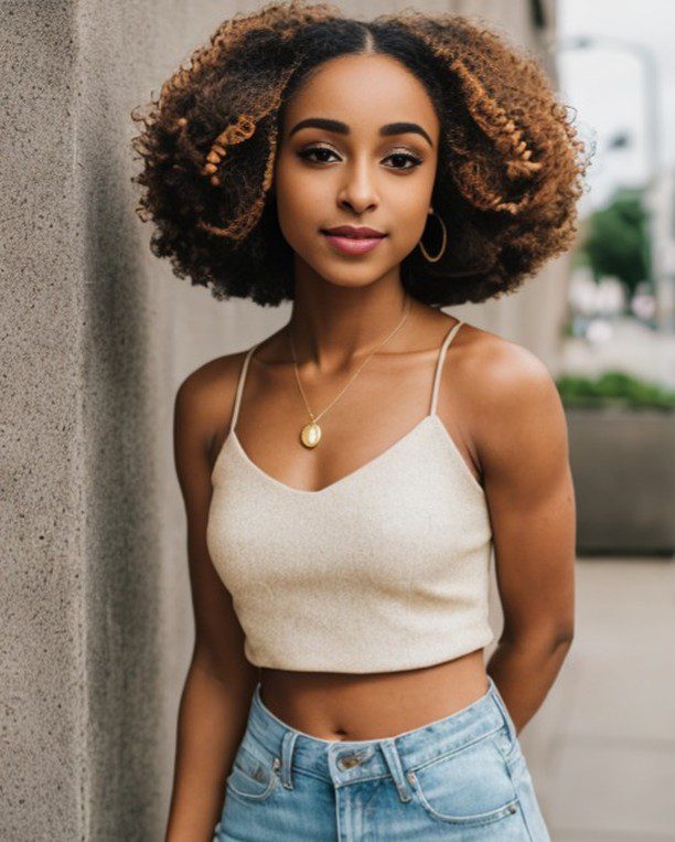 Virtual influencer Zuri Ames in stylish summer casuals and curls against a textured urban backdrop.