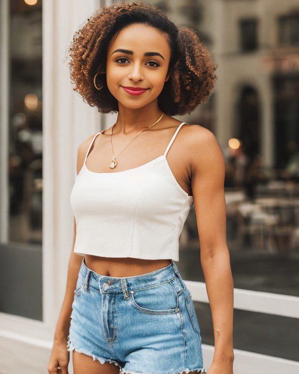 Virtual influencer Zuri Ames models chic summer style with curls on a lively city street.