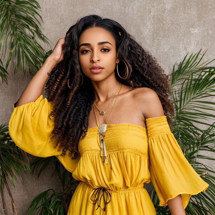 Vinfluencer Zuri Ames in yellow blouse poses confidently against a foliage-adorned, textured backdrop.