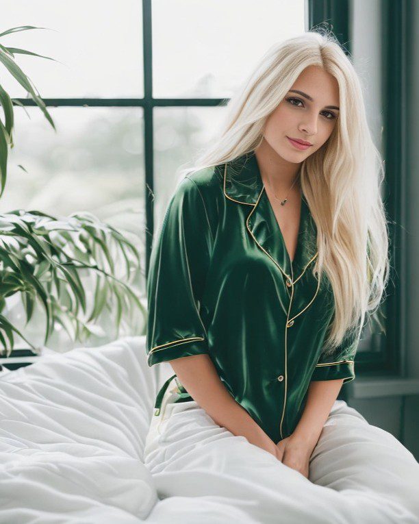 Vinfluencer Jessie Bee in elegant green silk pajamas, reflecting in a serene, light-filled bedroom with lush greenery.